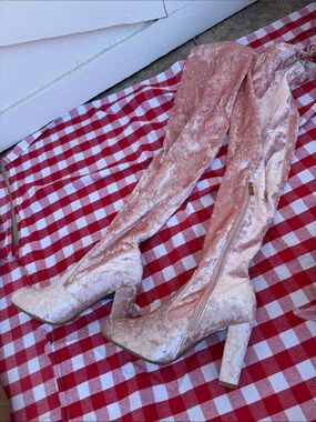 Pink velvet thigh high boots
